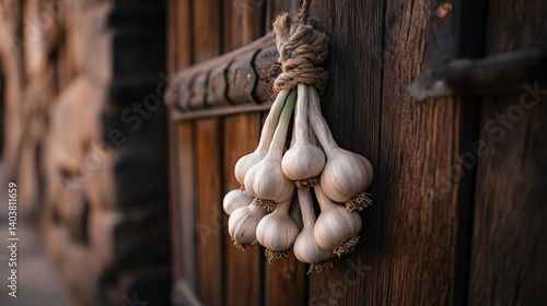Bunch of Garlic Hanging on a Wooden Door