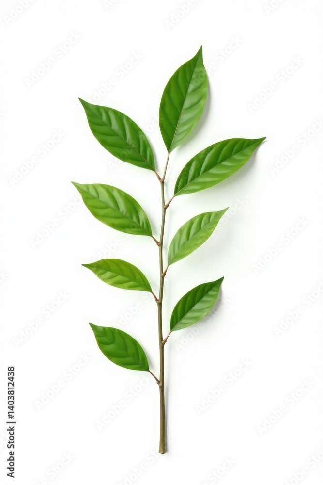Fototapeta premium A single long branch with green leaves isolated on white background, small branch, single stem, nature