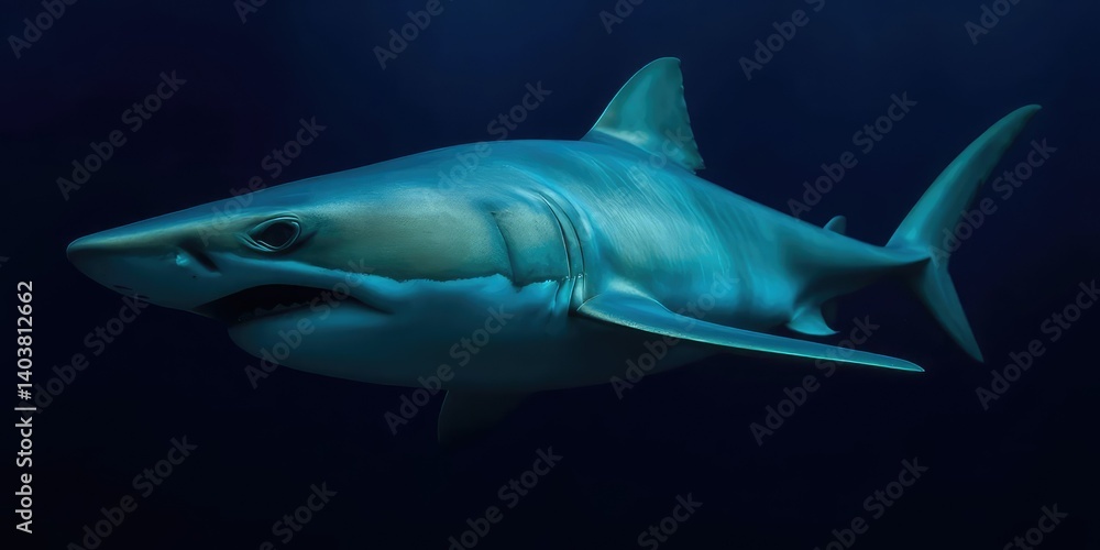 Fototapeta premium A Greenland shark, Somniosus microcephalus, swims in the dark abyssal depths, its asymmetrical features highlighted, wildlife photography, marine biology