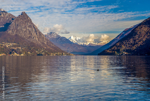 Obraz na płótnie Lugano lake - view on water and European alps or Swiss Alps w salonie