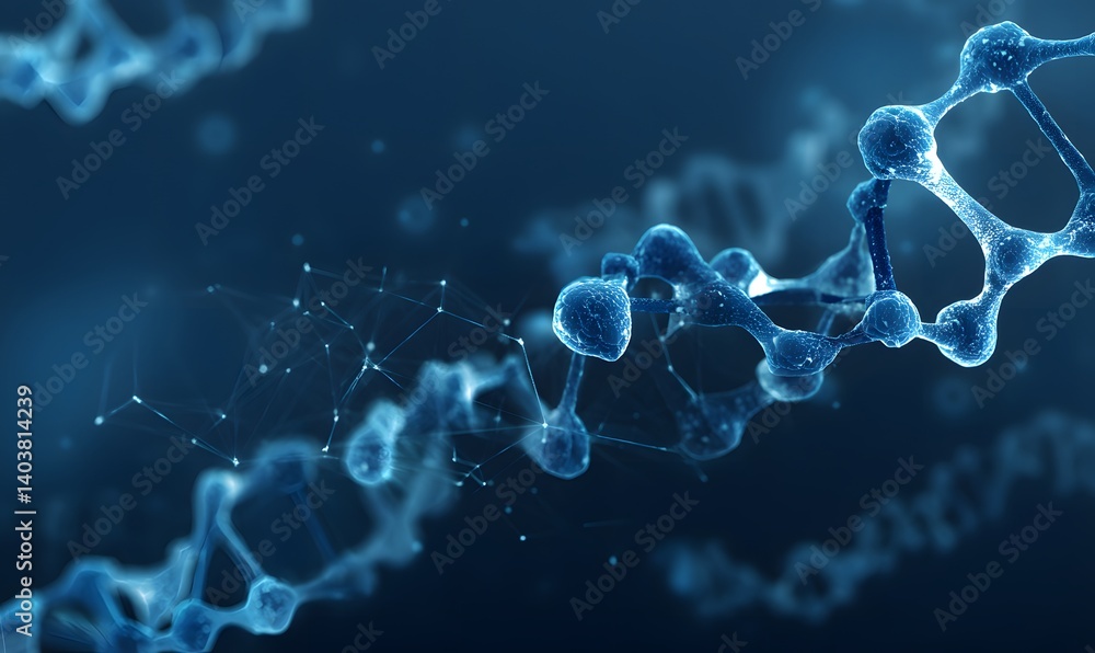 Obraz premium Close up view of a dna molecule structure in blue tones against a dark blue gradient background