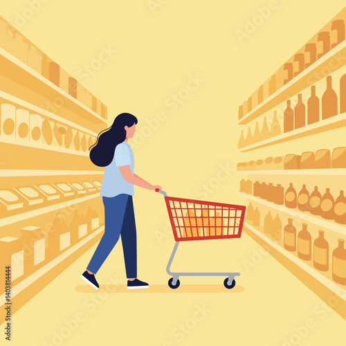 Woman pushing shopping cart in grocery store flat vector illustration