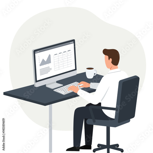 Professional man working at desk with computer in minimal flat vector art