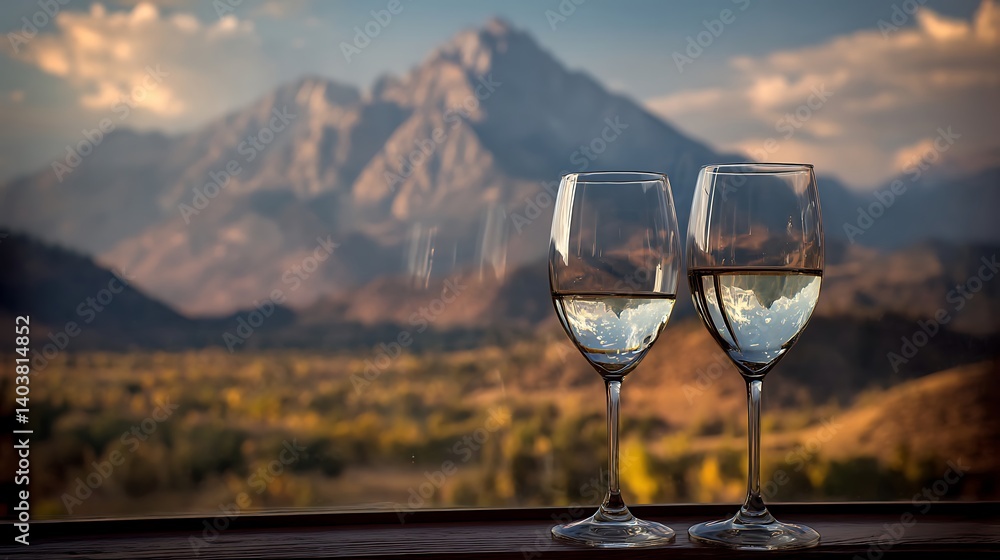 Obraz premium Mountain views and glasses of wine evoke relaxation.