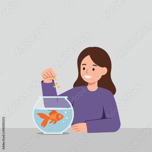 Girl feeding goldfish in bowl with minimal flat design vector illustration