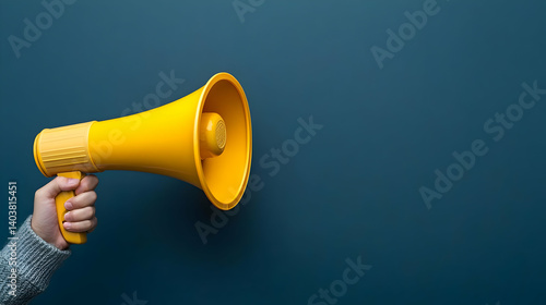 Hand Holding Bright Yellow Megaphone Against Dark Blue Background Announcing Communication