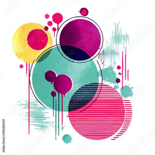 Abstract Vector Graphic Illustration with Colorful Circles Dripping Paint Splashes Textured Patterns Artistic Blending Bright Modern Creative Design Background Concept