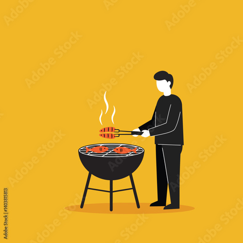 Person grilling meat on barbecue in flat minimal vector art