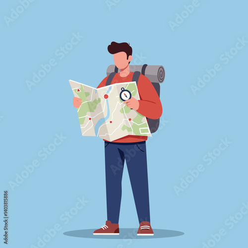 Backpacker exploring a map with a detailed flat design vector art