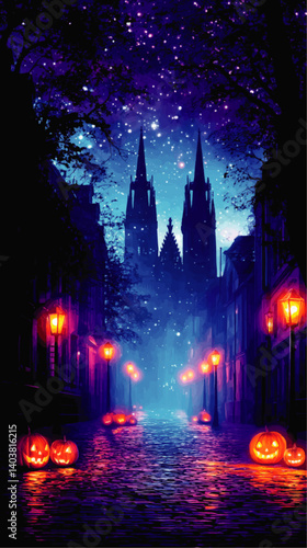 Enchanting Halloween Night Illustration Featuring Glowing Jack O Lanterns Illuminated Gothic Town Spooky Cobblestone Streets Starry Night and Mystical Blue Fog