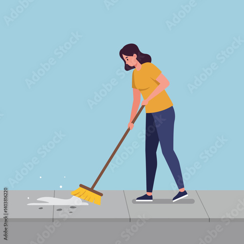 Woman cleaning sidewalk with broom in flat vector art style
