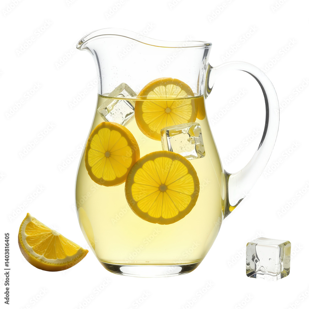 Refreshing lemonade with lemon slices and ice cubes in a glass pitcher. Perfect for summer. cut out background Refreshing lemonade with lemon slices and ice cubes in a glass pitcher. Perfect for summer. cut out background