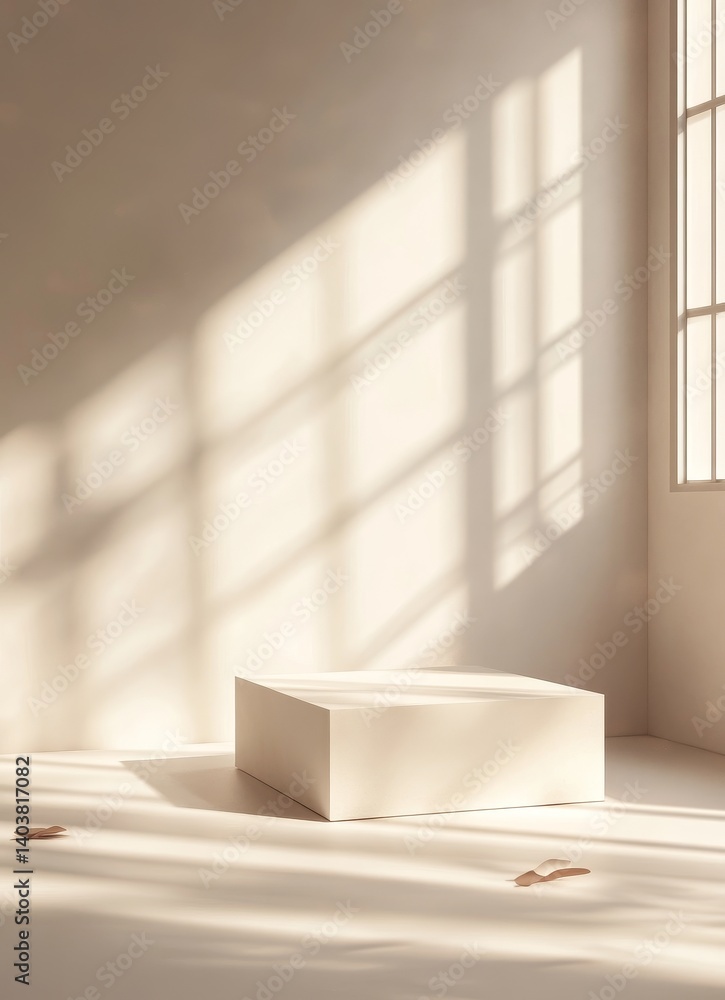 Fototapeta premium Minimalist Display of a White Rectangular Object in a Softly Lit Room With Natural Shadows and Delicate Floral Decor