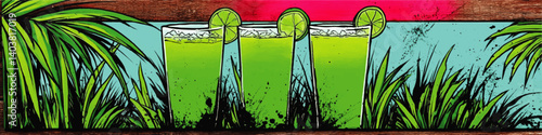 Tropical Refreshing Green Cocktails Vector Illustration with Lime Slices in Tall Glasses Surrounded by Palm Leaves and Plants Summertime Beach Vacation Drink Concept