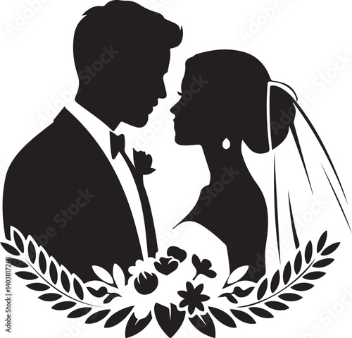Romantic Black and White Wedding Couple Bride and groom Floral Silhouette 