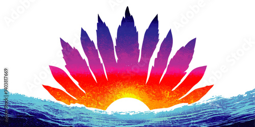 Vibrant Colorful Abstract Sunset Vector Illustration with Ocean Waves and Lotus Flower Petals Zen Mindfulness Yoga Meditation Wellness Relaxation Motivation Concept