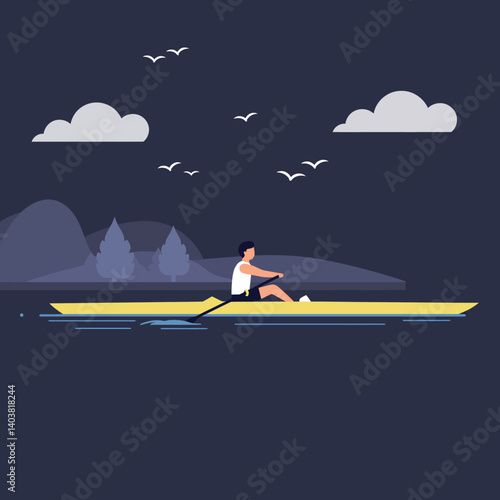 Rowing athlete gliding across calm water in flat vector art