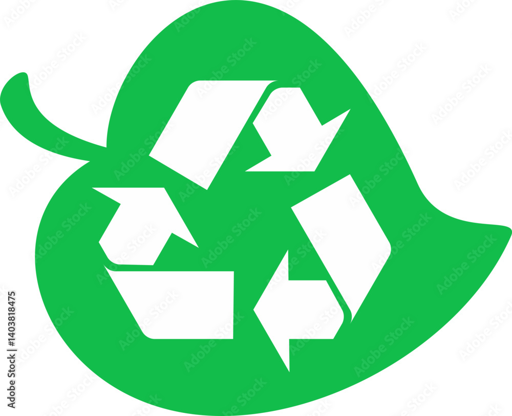 Obraz premium Vector illustration of a white recycling symbol placed on a light green leaf, symbolizing an ecological concept.