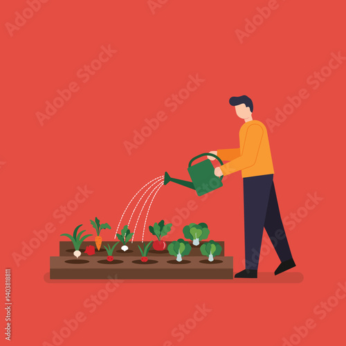 Person watering plants in garden with flat design style vector art