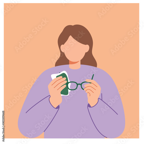 Woman holding glasses and cleaning cloth in minimal flat vector art