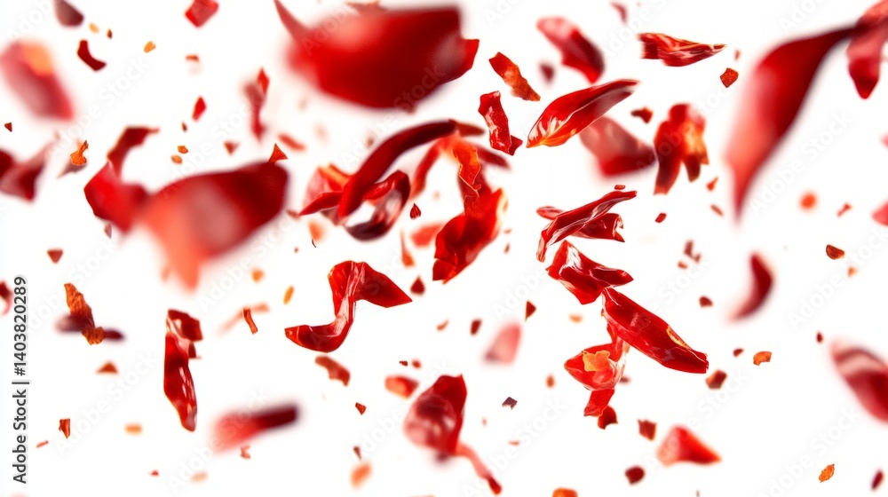 Spicy chili red pepper flakes flying, chopped, milled dry paprika pile isolated on white. Spicy chili red pepper flakes flying, chopped, milled dry paprika pile isolated on white.