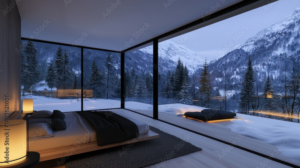 Modern bedroom with a stunning view of a snowy mountain landscape Modern bedroom with a stunning view of a snowy mountain landscape