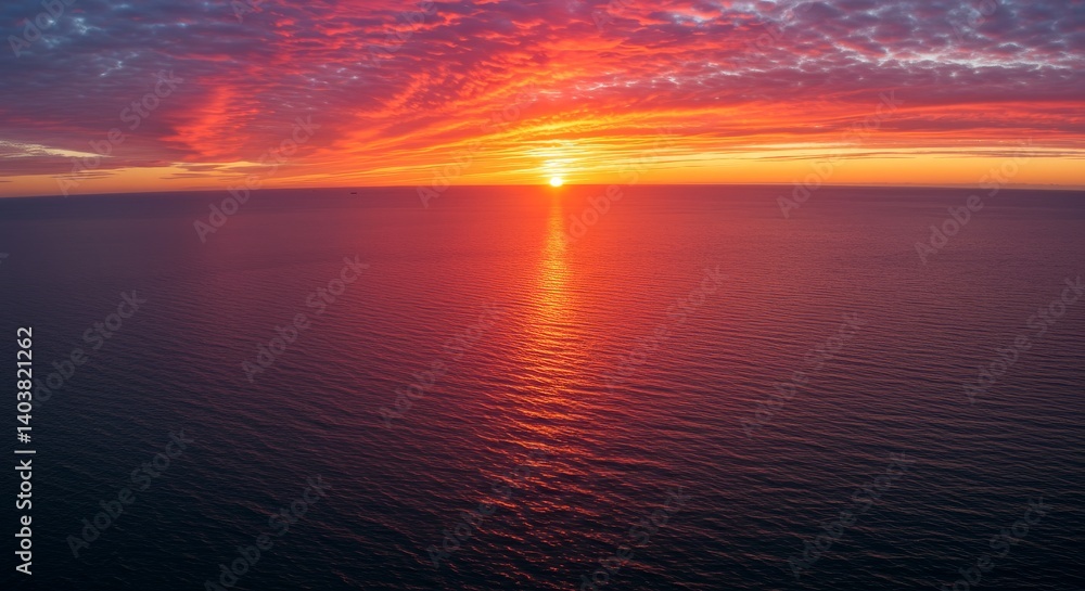 Obraz premium Fiery Sunset Over Calm Ocean Waters - Serene sunset, vibrant colors, ocean tranquility, fiery sky, peaceful horizon. Symbolizing peace, hope, beauty, end of day, new beginnings