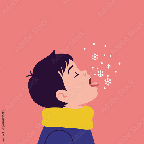 Boy catching snowflakes with his tongue in a colorful flat vector illustration
