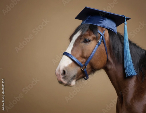 brown horse wearing a graduation cap in a light brown background