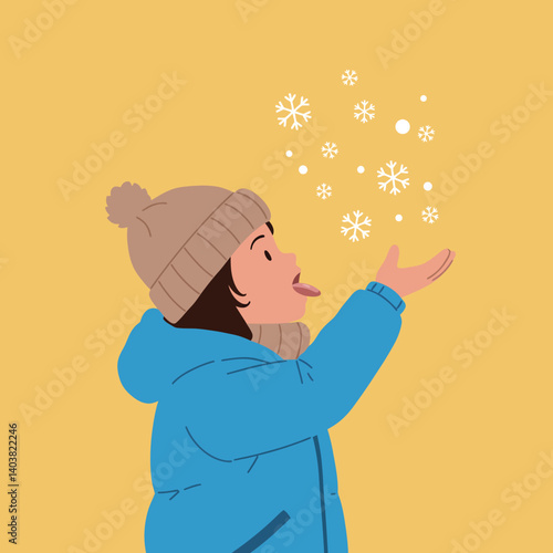 Child enjoying snowfall while catching snowflakes in flat vector illustration