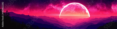 Mesmerizing Vector Illustration of Cosmic Landscape with Purple Mountains Silhouettes Pink Galaxy Starry Sky Majestic Planet Rising Digital Atmospheric Futuristic Art