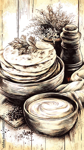 Vintage Vector Illustration of Homemade Fresh Pita Bread Stack Decorated with Herbs Beside Wooden Bowl of Cream Sauce Rustic Kitchen Setting Hand Drawn Food Background