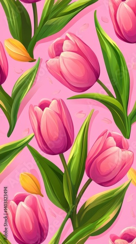 Wallpaper Mural Elegant floral pattern featuring vibrant pink tulips and lush green leaves on a soft pink background capturing a spring mood in a modern style Torontodigital.ca