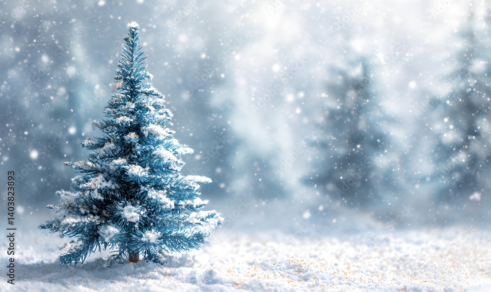 Snow covered christmas tree in a winter forest with falling snow and soft light background scene view Snow covered christmas tree in a winter forest with falling snow and soft light background scene view