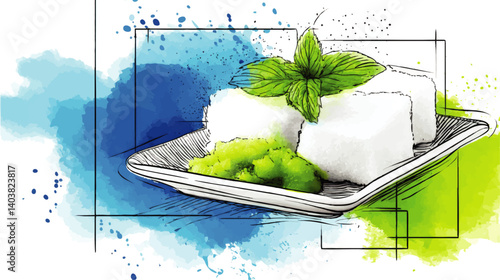 Vibrant Vector Illustration of Traditional Asian Dessert with White Sweet Rice Cakes Matcha Green Tea Powder Mint Leaf Artistic Culinary Delicacy Concept Design Art