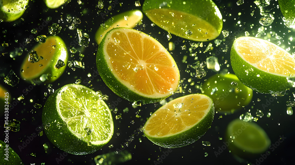 Vibrant citrus explosion with falling sliced limes for refreshing design Vibrant citrus explosion with falling sliced limes for refreshing design