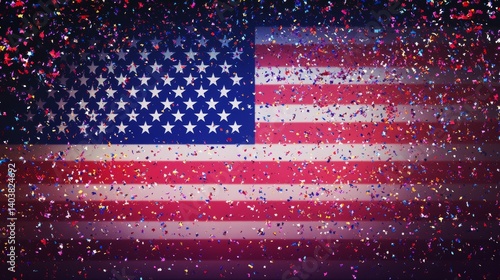 Celebration With Colorful Confetti and an American Flag Backdrop During a Festive Event in a Lively Setting
