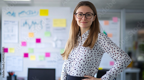 Confident Businesswoman Standing in Dynamic Office Environment with Planning Boards