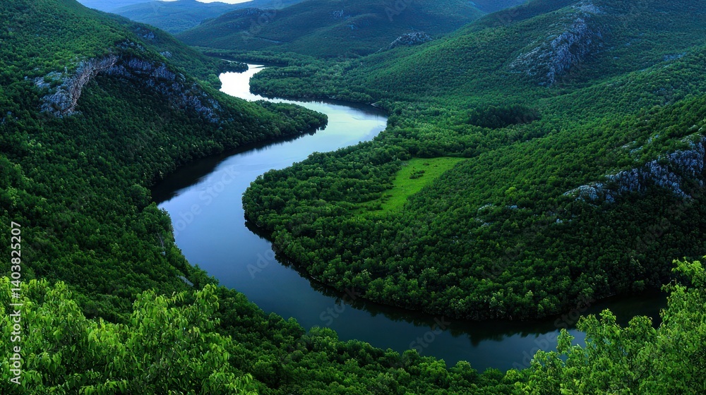 A flowing river winds between lush green forested mountains beautifully A flowing river winds between lush green forested mountains beautifully
