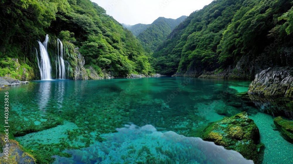 Naklejka premium A beautiful natural waterfall cascading into a vibrant turquoise lake