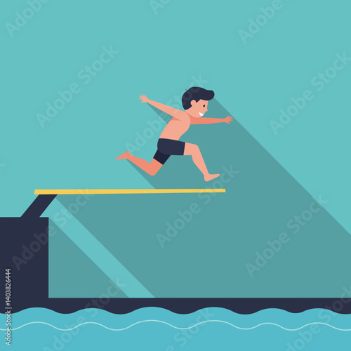 Boy preparing to dive into water from a platform in flat vector art