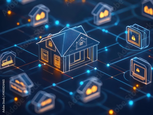 A conceptual mortgage lending system represented by interconnected digital banking icons processing real estate transactions sharp
