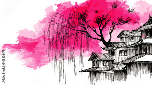 Stunning Vector Illustration of Traditional Asian Architecture and Pink Cherry Blossom Background Artistic Black Ink Japanese Style Landscape Painting Design