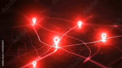 Green pin locations that light up red. Animated city map with location pin. Fast delivery and tracking concept. GPS navigation concept.	