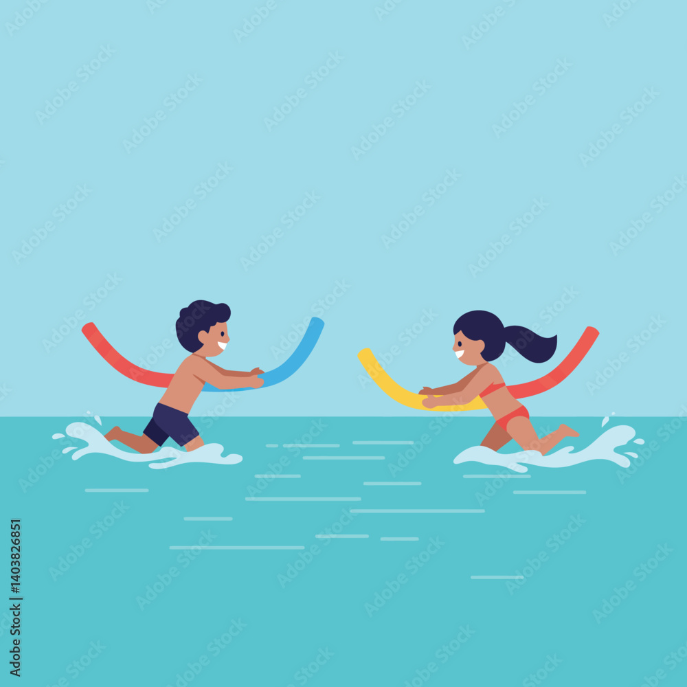 Children Playing in Water with Pool Noodles in Flat Vector Art Children Playing in Water with Pool Noodles in Flat Vector Art