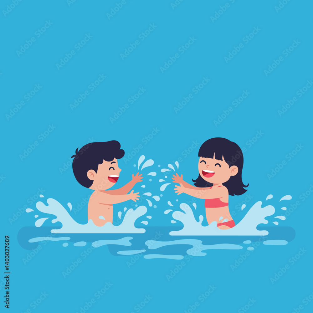 Two children joyfully splashing water in a vibrant flat vector illustration Two children joyfully splashing water in a vibrant flat vector illustration