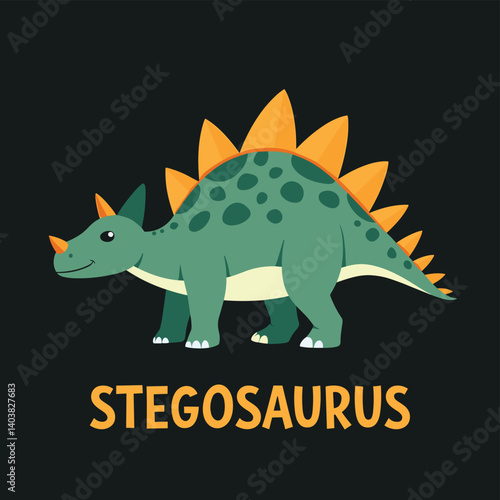 Illustration of a green Stegosaurus dinosaur with orange plates on its back and tail against dark background