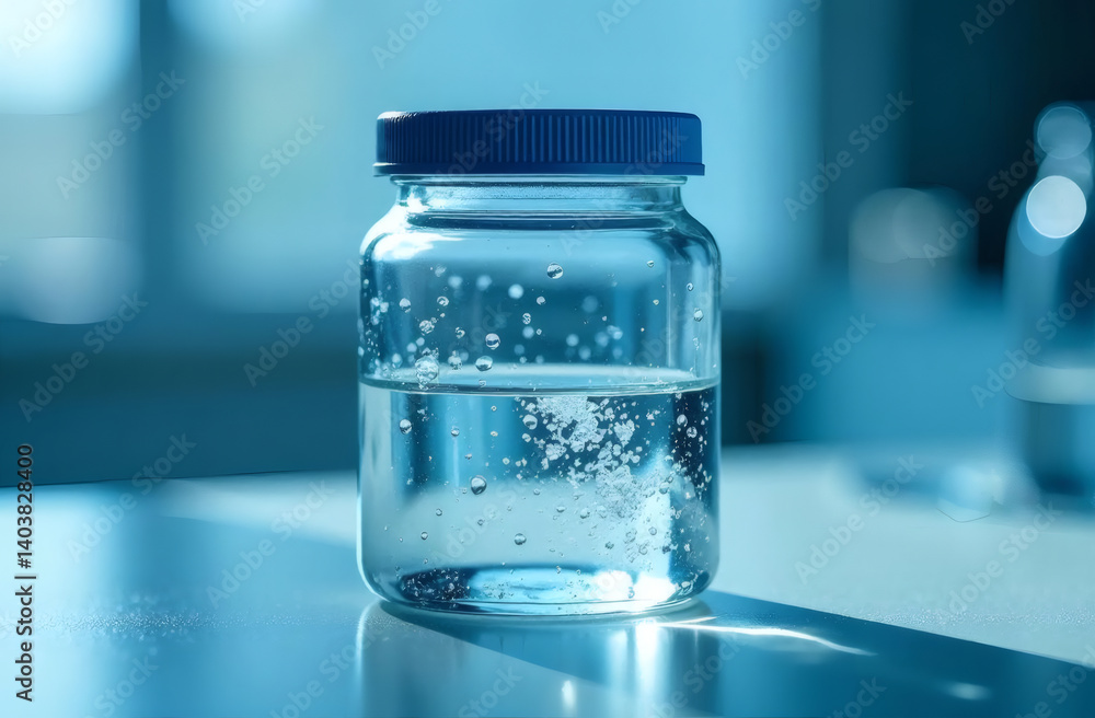 A sleek glass jar with a silicone lid, showcasing condensation droplets for a fresh, laboratory-inspired aesthetic. The minimalist design blends scientific precision with modern skincare elegance A sleek glass jar with a silicone lid, showcasing condensation droplets for a fresh, laboratory-inspired aesthetic. The minimalist design blends scientific precision with modern skincare elegance
