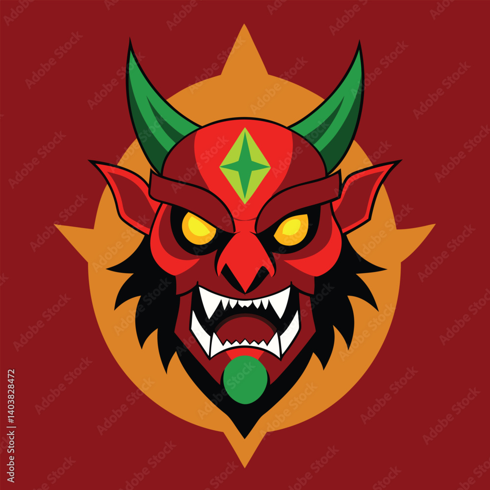 Fototapeta premium vector logo design of a fierce demon face with horns and sharp teeth, featuring traditional Japanese style and bold colors for branding