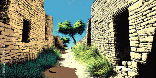 Ancient Stone Ruins Pathway Vector Illustration Featuring Old Historical Architecture Grass Vegetation Natural Scenery Blue Sky Tree Deserted Exploration Concept